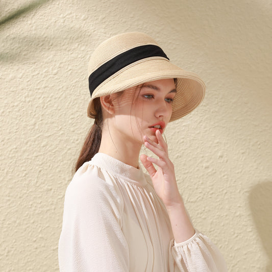 Sombrero de paja para mujer estilo elegante – Ala ancha, protección solar UPF50+, transpirable, plegable, ideal para playa, vacaciones y uso diario – Talla ajustable 56-58 cm